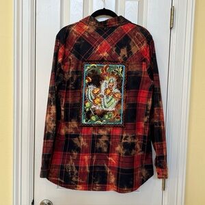 Andree by Unit Women Tie Dye Plaid Embroidered Blouse Top Sz Large Grunge Whimsy